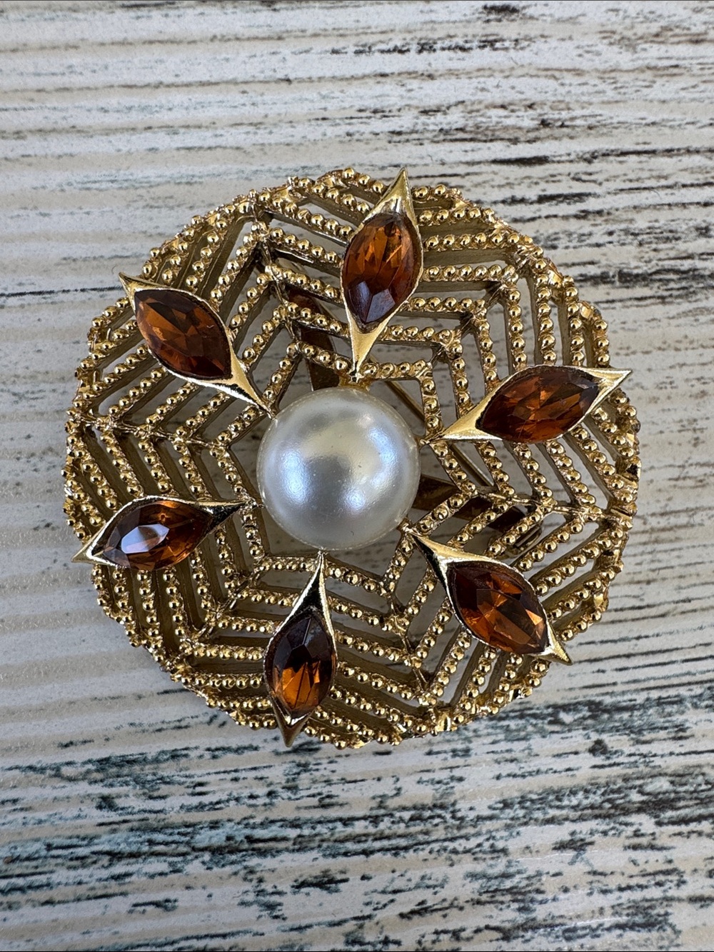 EUC Vintage Gold-Tone Brooch with Faux Amber Marquise Stones & Faux Pearl Center